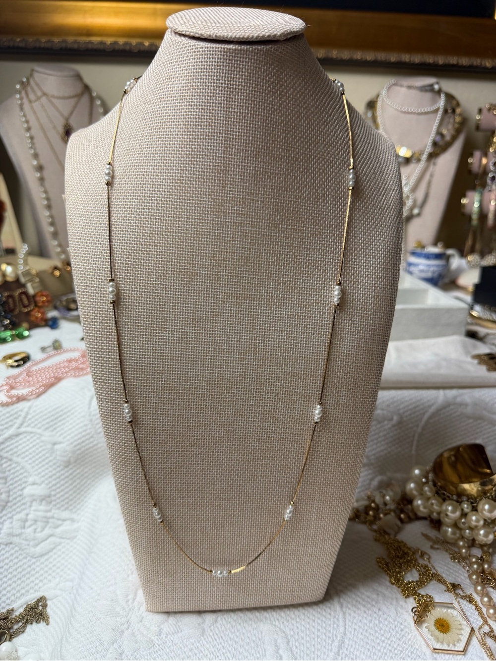 Vintage Gold Pearl Station Long Necklace - White Pearls